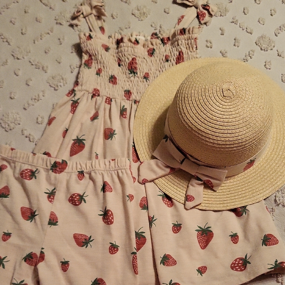 Rabbit Bear Organic Strawberry Print Dress and Hat Set Size 6